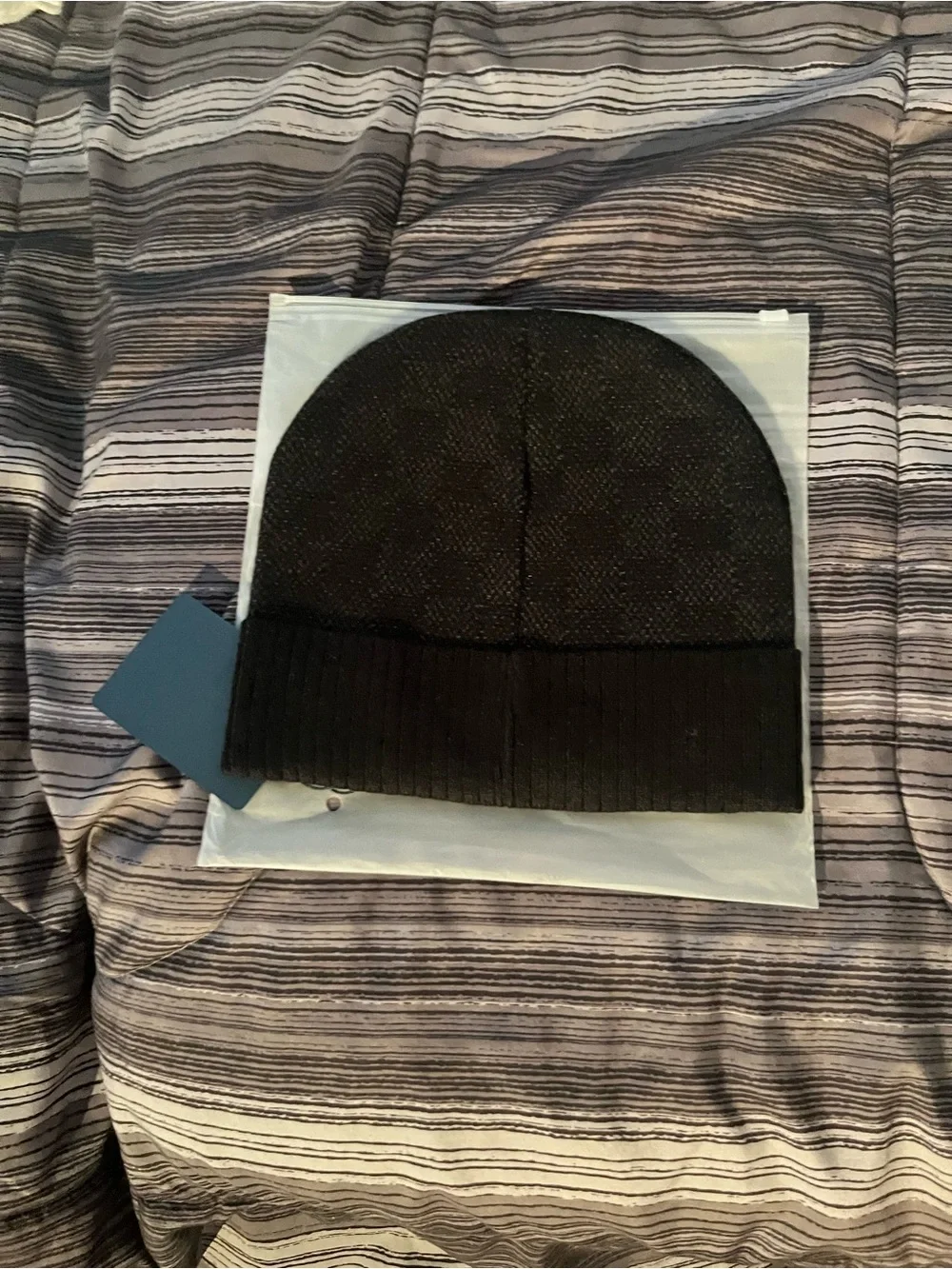 Louis Vuitton Black Ribbed Cuff Beanie with Logo Patch